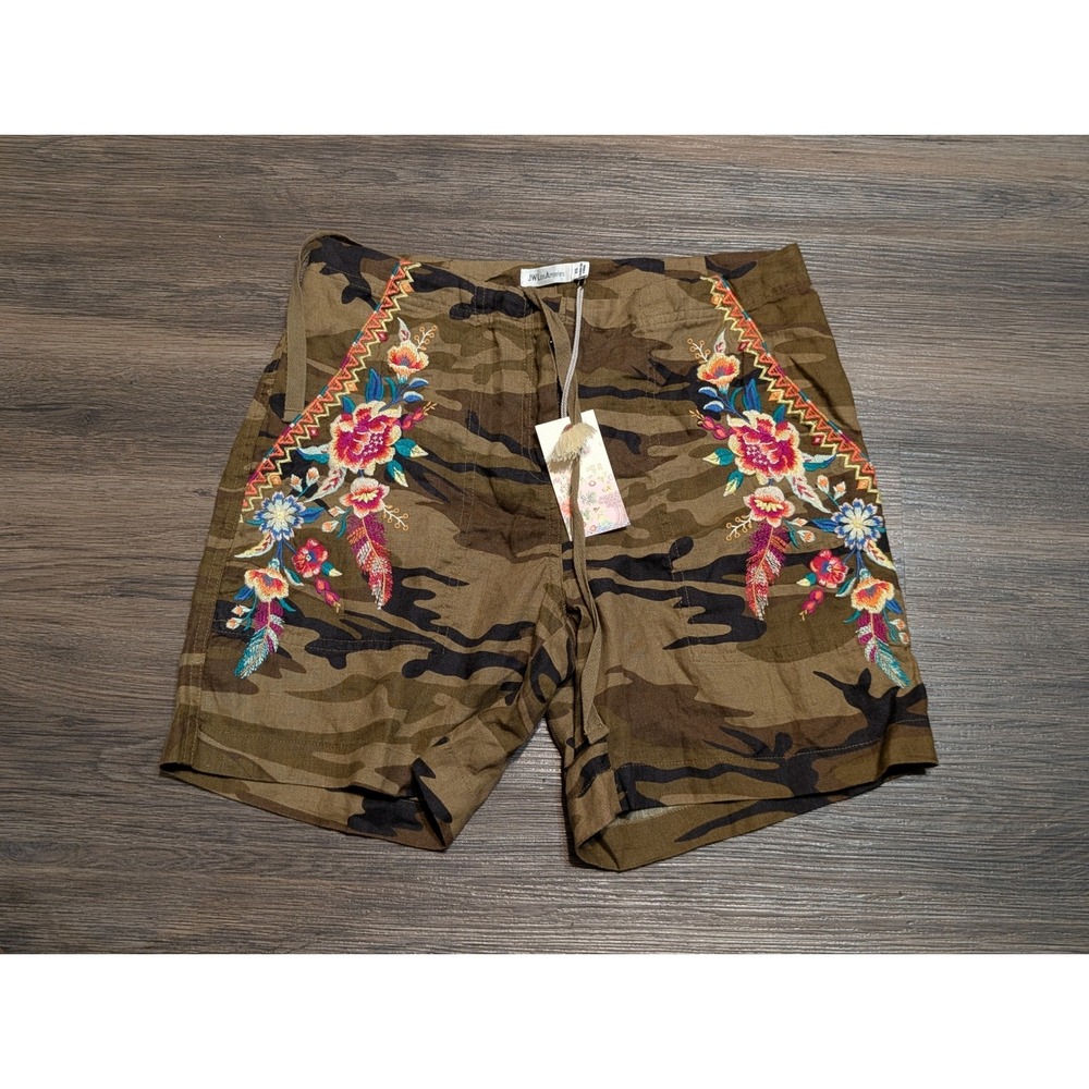 Johnny Was Imani Linen Camo Floral Embroidered Shorts XS J31220-3 NWT